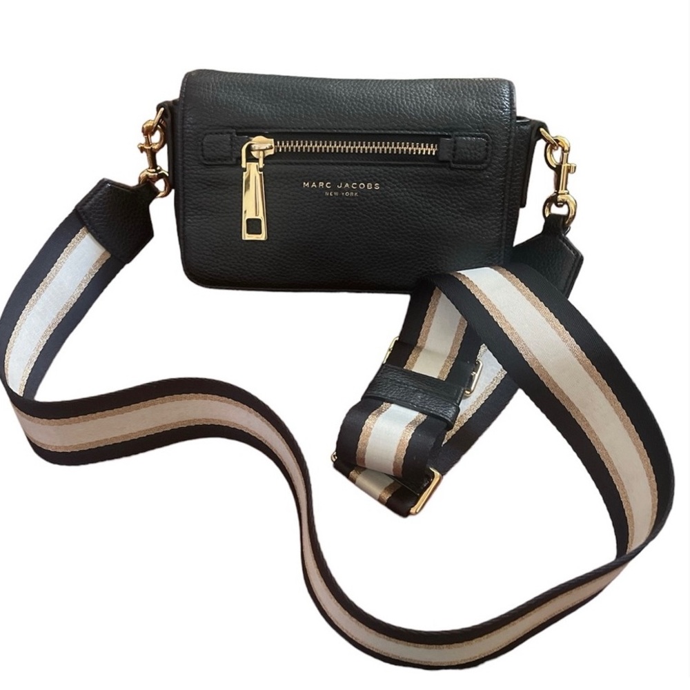Marc Jacobs small pebbled black leather crossbody bag w/striped webbing strap